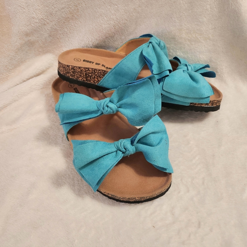 Teal Bow Slide on Sandals Size 8